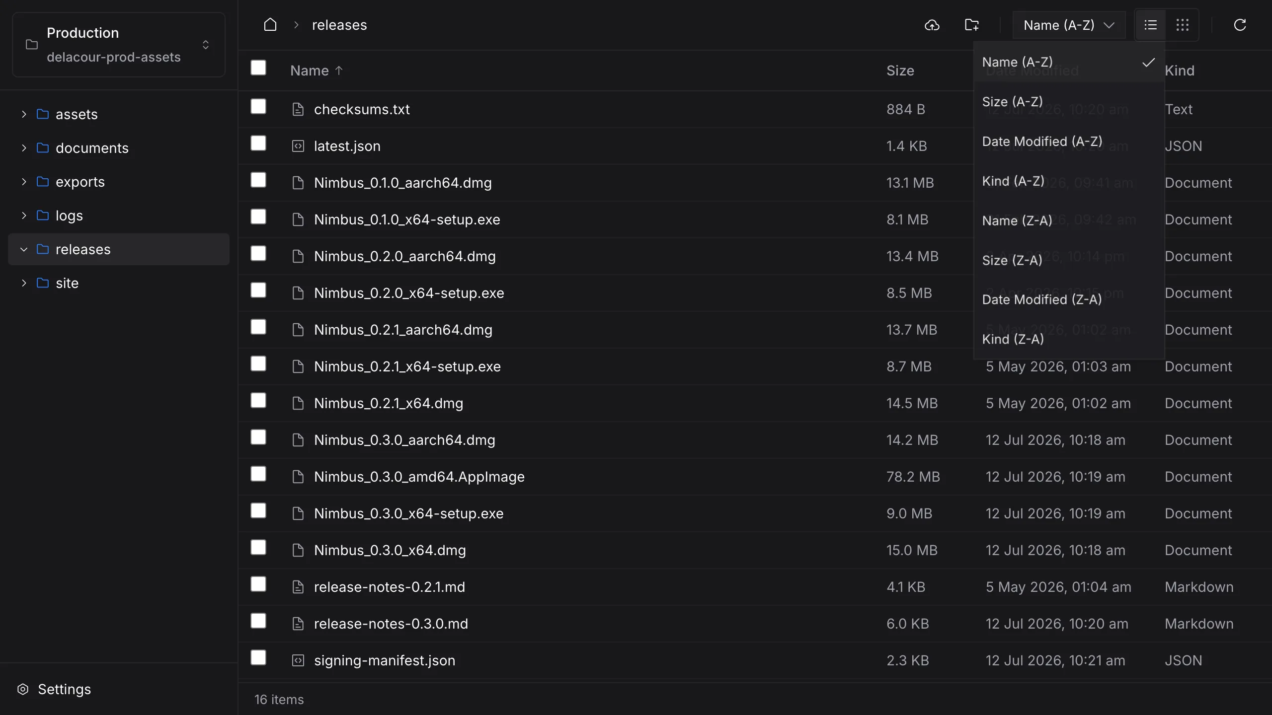 The Nimbus sort menu open over a file listing, showing eight sort orders
